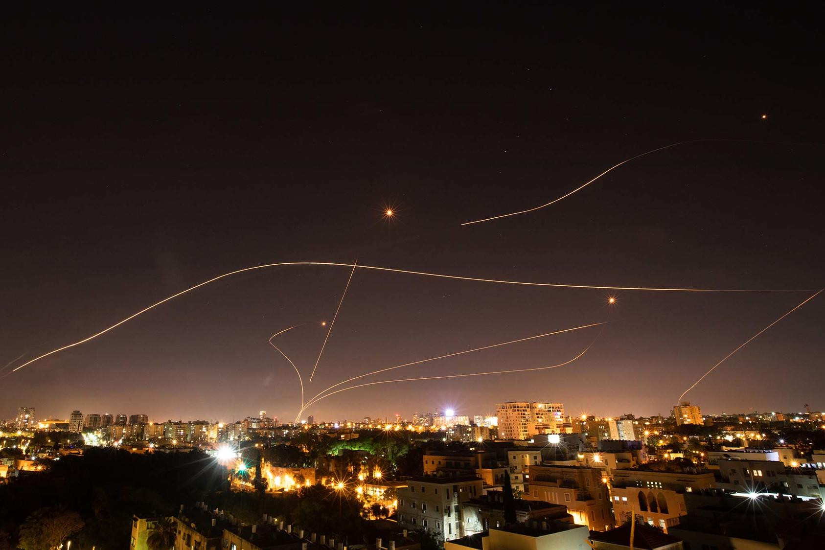 israel s iron dome missile defense system intercepts rockets launched into tel aviv from the gaza strip may 16 2021 corinna kern the new york times