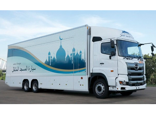this mosque on wheels is a white and blue coloured 25 tonne truck that opens from the back photo moving mosque organising committee this mosque on wheels is a white and blue coloured 25 tonne truck that opens from the back photo moving mosque organising committee