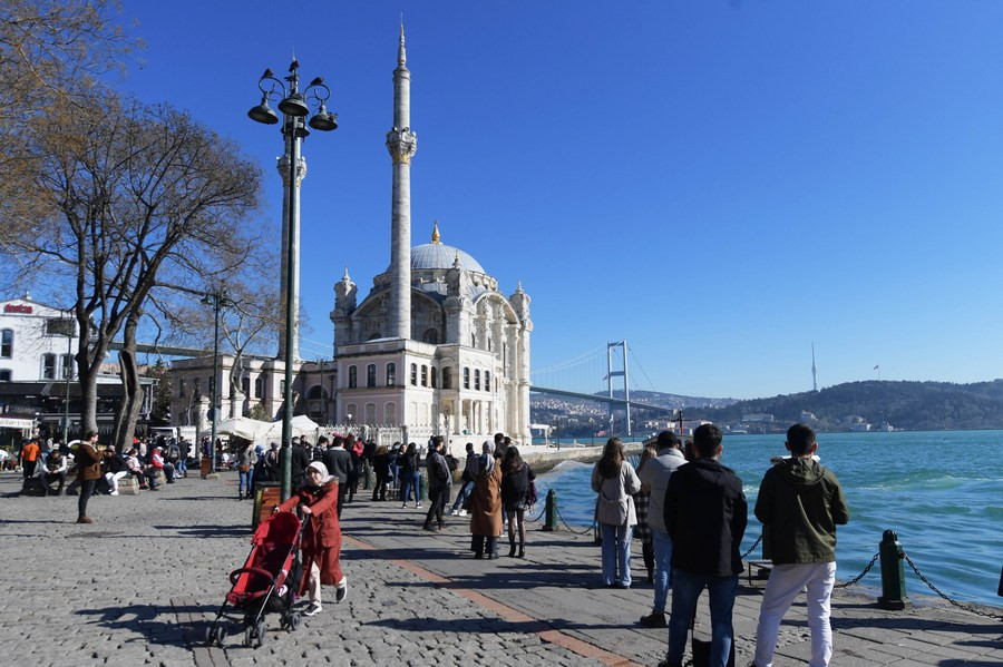 people visit the bosphorus strait in istanbul turkey feb 11 2022 photo xinhua