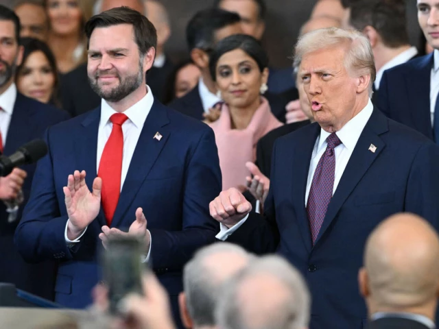 us president donald trump and vice president jd vance celebrate after taking the oath of office during the 60th us presidential inauguration at the us capitol rotunda in washington on january 20 2025 photo afp us president donald trump and vice president jd vance celebrate after taking the oath of office during the 60th us presidential inauguration at the us capitol rotunda in washington on january 20 2025 photo afp