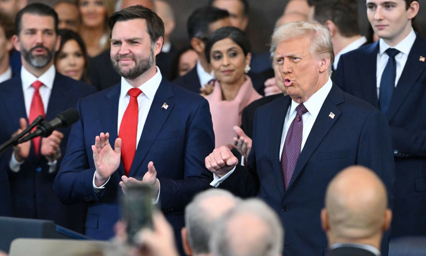 us president donald trump and vice president jd vance celebrate after taking the oath of office during the 60th us presidential inauguration at the us capitol rotunda in washington on january 20 2025 photo afp