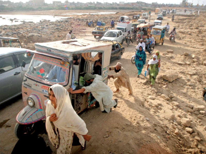 owing to the sudden traffic flow several roads including the baloch colony bridge express way qayyumabad chowrangi korangi crossing korangi road brooks chowrangi and defence road witnessed a terrible traffic jam for hours photo athar khan express