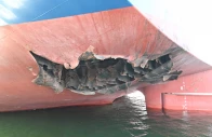 the damaged stern of a bulk carrier operated by south korean shipper hmm after it was struck by two unidentified objects on may 4 while stranded in the strait of hormuz in this handout picture released on may 10 2026 photo reuters