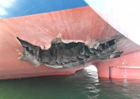 the damaged stern of a bulk carrier operated by south korean shipper hmm after it was struck by two unidentified objects on may 4 while stranded in the strait of hormuz in this handout picture released on may 10 2026 photo reuters