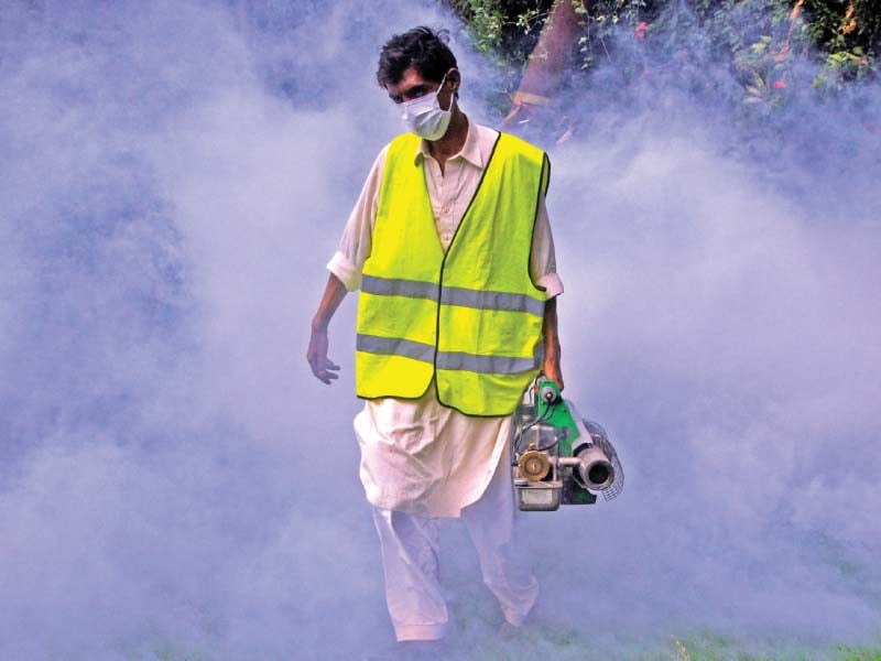 a worker busy in anti mosquito fumigation at a park in rawalpindi photo express