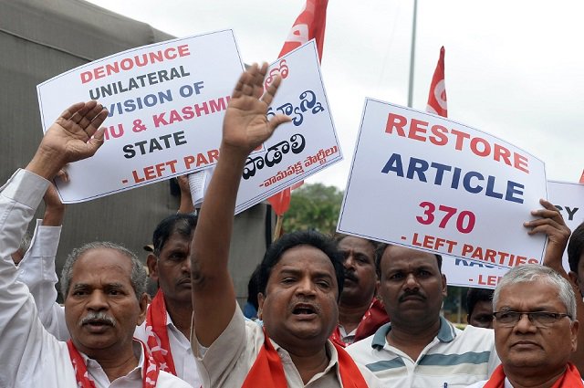 members of the communist party of india take part in a protest in hyderabad on august 7 2019 in reaction to the indian government scrapping article 370 that granted a special status to jammu and kashmir photo afp