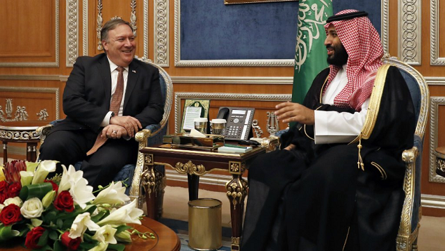 us secretary of state mike pompeo meets with saudi crown prince mohammed bin salman in riyadh on october 16 2018 photo afp