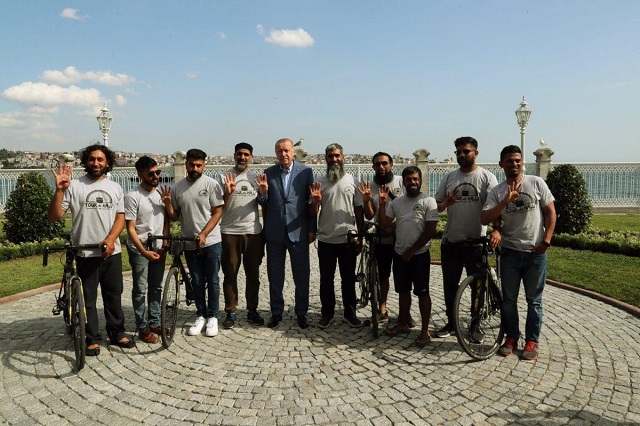 president recep tayyip erdo an receives 8 riders cycling from london to mecca for hajj at dolmabah e palace in istanbul on 13 july 2019 photo anadolu agency