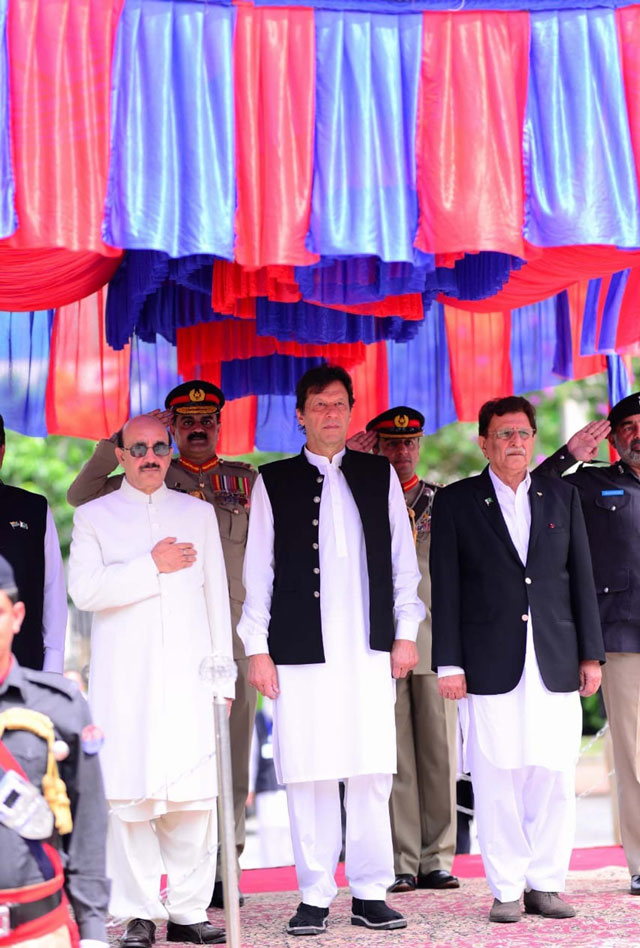 ajk president sardar masood khan with prime minister imran khan and ajk premier raja farooq haider photo pid