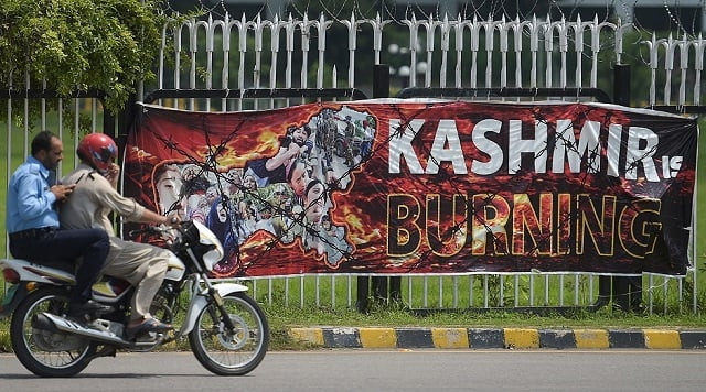 this photo shows a banner hanged near the parliament building in islamabad on august 15 2019 as the country observes 039 black day 039 photo afp