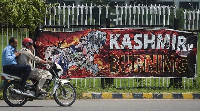 this photo shows a banner hanged near the parliament building in islamabad on august 15 2019 as the country observes 039 black day 039 photo afp