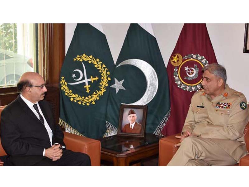 general qamar during the meeting with ajk president masood khan at ghq on friday photo ispr