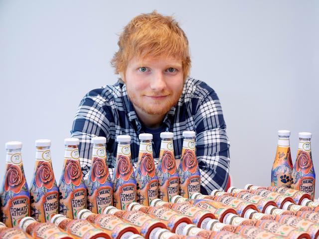 three limited edition bottles of heinz tomato ketchup based on the tattoos of british songwriter ed sheeran a dedicated fan of the condiment sold at auction in london on thursday with one going under the hammer for 1 500 pounds 1 816 photo reuters three limited edition bottles of heinz tomato ketchup based on the tattoos of british songwriter ed sheeran a dedicated fan of the condiment sold at auction in london on thursday with one going under the hammer for 1 500 pounds 1 816 photo reuters