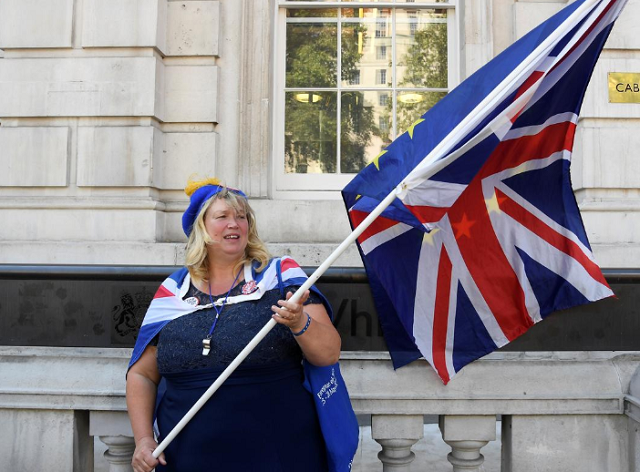 an anti brexit protester is seen outside the cabinet office in london photo reuters