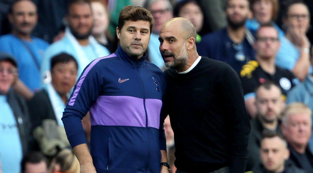 tottenham hotspur manager mauricio pochettino left manchester city manager pep guardiola exchange words on the touchline photo afp tottenham hotspur manager mauricio pochettino left manchester city manager pep guardiola exchange words on the touchline photo afp