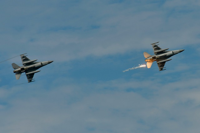 in this file photo taken on may 30 2019 a us made f 16 fighter jet launches a flare during the 35th quot han kuang quot han glory military drill in southern taiwan 039 s pingtung county photo afp