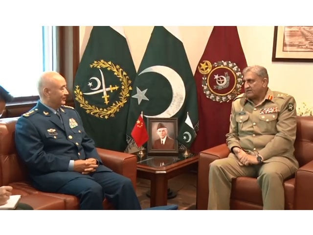 chinese general xu qilang calls on coas general qamar bajwa at the ghq on monday screen grab chinese general xu qilang calls on coas general qamar bajwa at the ghq on monday screen grab
