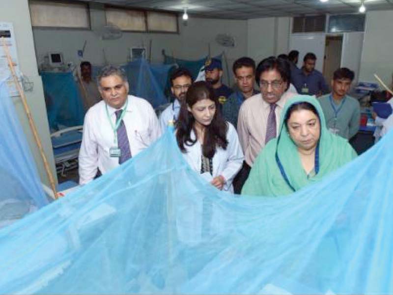 punjab health minister dr yasmin rashid talks to dengue patients at holy family hospital photo rehan paul express