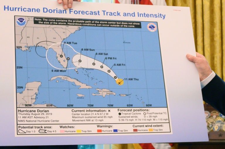 us president donald trump 039 s map of the path of hurricane dorian extends the cone with what appears to be black marker to include the state of alabama photo afp