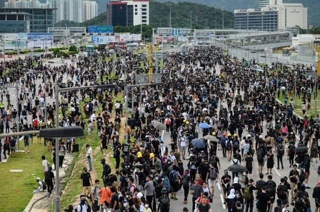 the airport has become a repeated target of pro democracy protestors who last weekend blocked a road leading to the busy aviation hub photo afp