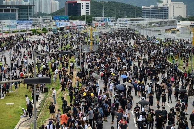 the airport has become a repeated target of pro democracy protestors who last weekend blocked a road leading to the busy aviation hub photo afp