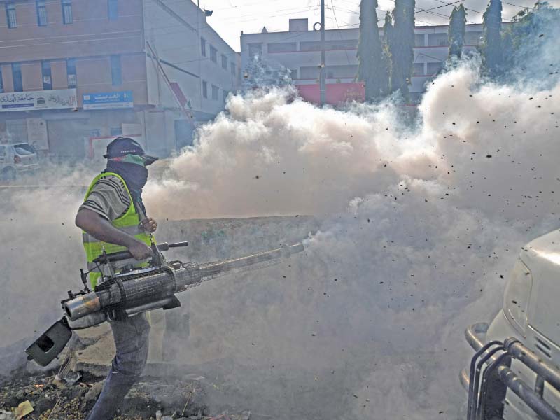 a kmc worker carries out fumigation against flies and mosquitoes flies have plagued karachi since cleanliness condititions have worsened in the city after rain and eidul azha with streets still inundated with rainwater sewage and offals of sacrifical animals photo afp