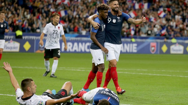 france moved back top of group h with a 4 1 thumping of albania thanks to a kingsley coman 039 s first international goals in more than three years and further strikes from olivier giroud photo afp france moved back top of group h with a 4 1 thumping of albania thanks to a kingsley coman 039 s first international goals in more than three years and further strikes from olivier giroud photo afp