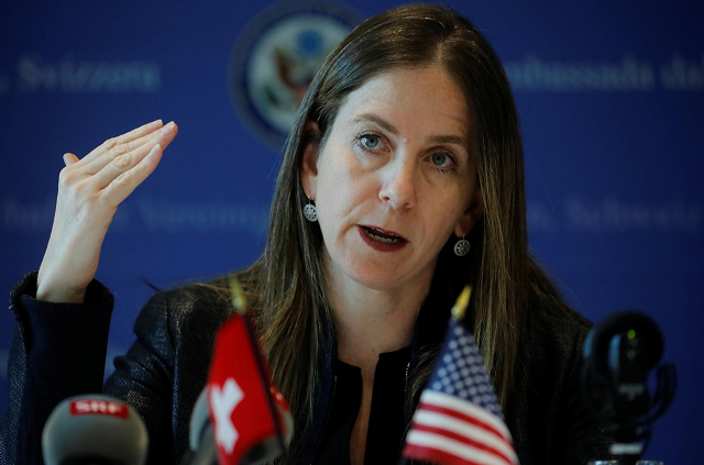 us treasury under secretary for terrorism and financial intelligence sigal mandelker addresses a press roundtable at the us embassy in bern switzerland september 10 2019 photo reuters