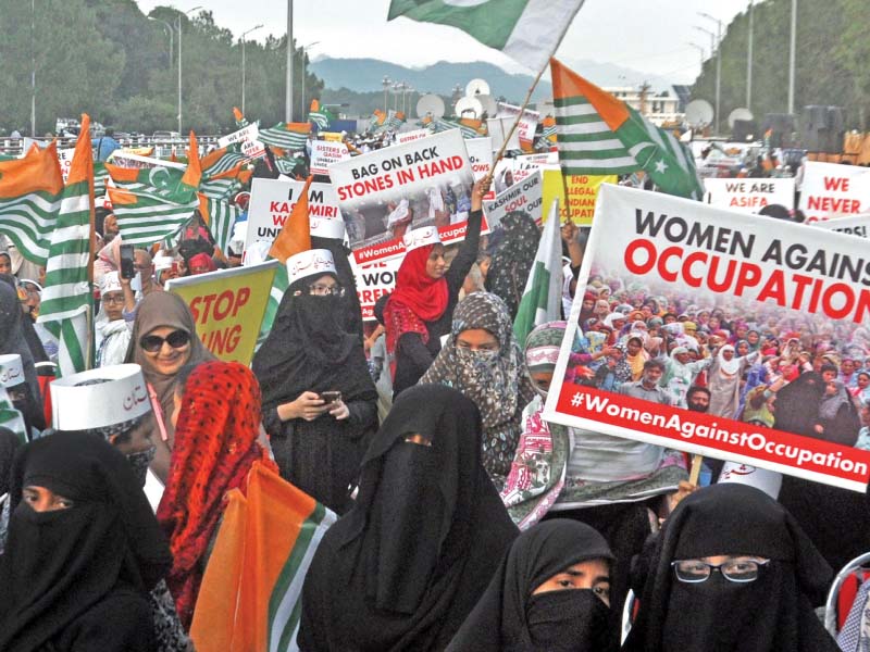 women take part in a demonstration against brutalities in indian occupied kashmir photo zafar aslam express