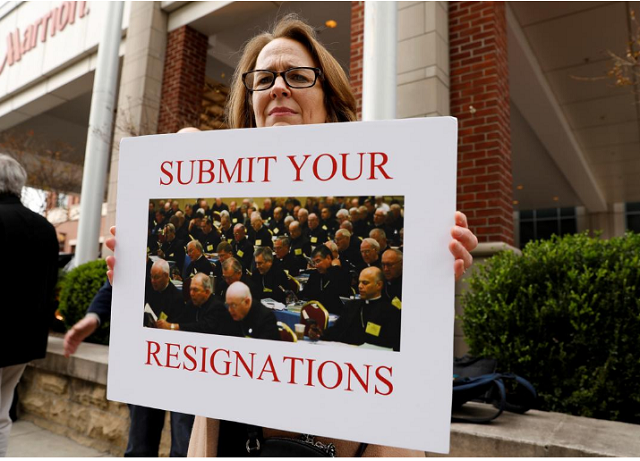 anne barrett doyle co director of bishopaccountability org holds a sign during the protest outside the venue of the united states conference of catholic bishops usccb general assembly in baltimore maryland photo reuters