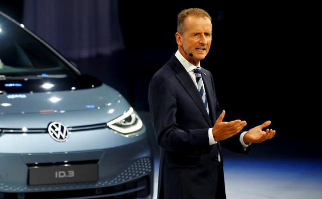 herbert diess ceo of german carmaker volkswagen ag gestures in front of an id 3 pre production prototype during the presentation of volkswagen 039 s new electric car on the eve of the international frankfurt motor show iaa in frankfurt germany september 9 2019 photo reuters