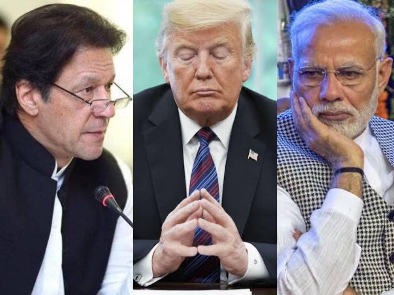 a collage of pm imran khan l us president trump c and indian pm modi r