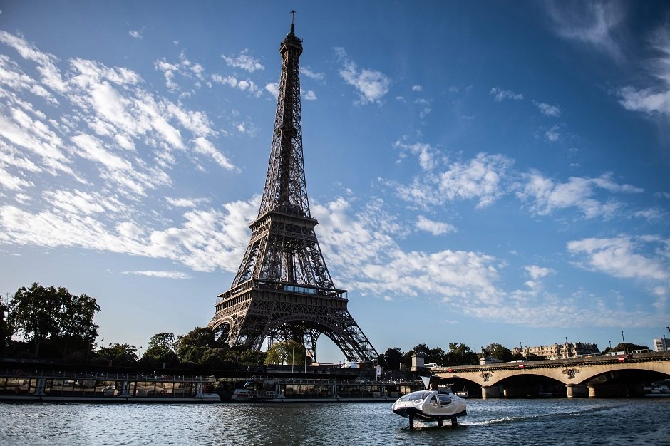 a top shot of a flying taxi named the 039 sea bubble 039 the white aerodynamic craft skimmed over the river seine at speeds of up to 30 km hour photo afp