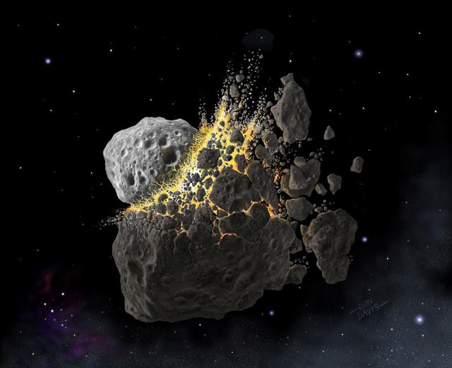 this illustration shows a giant asteroid collision between mars and jupiter that occurred 466 million years ago and produced the dust that led to an ice age on earth photo reuters