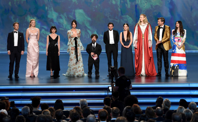 mandatory credit photo by phil mccarten invision shutterstock 10421184fq alfie allen sophie turner maisie williams lena headey peter dinklage kit harington emilia clarke gwendoline christie nikolaj coster waldau carice van houten alfie allen from left sophie turner maisie williams lena headey peter dinklage kit harington emilia clarke gwendoline christie nikolaj coster waldau and carice van houten appear onstage at the 71st primetime emmy awards at the microsoft theater in los angeles 71st primetime emmy awards show los angeles usa 22 sep 2019 mandatory credit photo by phil mccarten invision shutterstock 10421184fq alfie allen sophie turner maisie williams lena headey peter dinklage kit harington emilia clarke gwendoline christie nikolaj coster waldau carice van houten alfie allen from left sophie turner maisie williams lena headey peter dinklage kit harington emilia clarke gwendoline christie nikolaj coster waldau and carice van houten appear onstage at the 71st primetime emmy awards at the microsoft theater in los angeles 71st primetime emmy awards show los angeles usa 22 sep 2019
