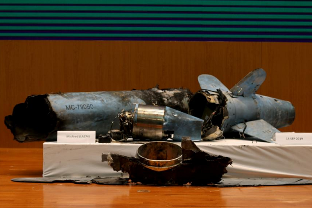 remains of the missiles which saudi government says were used to attack an aramco oil facility are displayed during a news conference in riyadh saudi arabia photo reuters