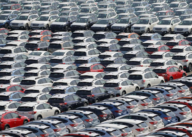 newly manufactured cars of the automobile maker subaru await export in a port in yokohama japan photo reuters newly manufactured cars of the automobile maker subaru await export in a port in yokohama japan photo reuters