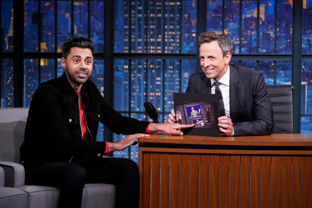 late night with seth meyers episode 887 pictured l r comedian hasan minhaj during an interview with host seth meyers on september 23 2019 photo by lloyd bishop nbc late night with seth meyers episode 887 pictured l r comedian hasan minhaj during an interview with host seth meyers on september 23 2019 photo by lloyd bishop nbc