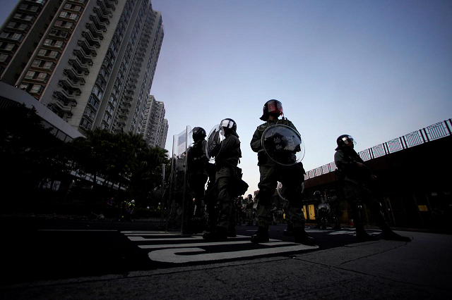 police officers stand during a demonstration by anti government protesters in sha tin hong kong china september 22 2019 photo reuters