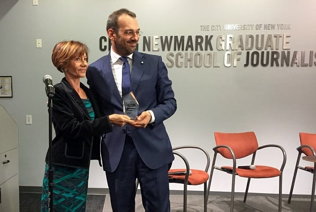 italian journalist paolo borrometi receives the 2019 peter mackler award from catherine antoine peter mackler s widow at the newmark graduate school of journalism in new york on september 25 2019 photo afp italian journalist paolo borrometi receives the 2019 peter mackler award from catherine antoine peter mackler s widow at the newmark graduate school of journalism in new york on september 25 2019 photo afp