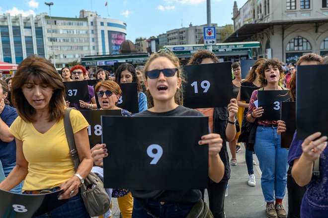 women hold signs with different numbers symbolizing the women murders during a protest against gender violence in istanbul photo afp