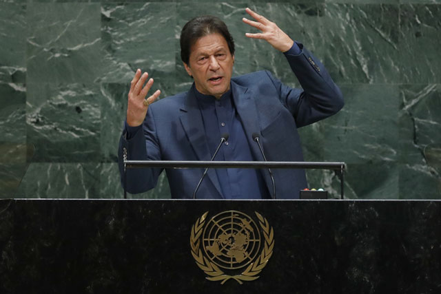 pm imran khan addresses unga session in new york on friday photo afp
