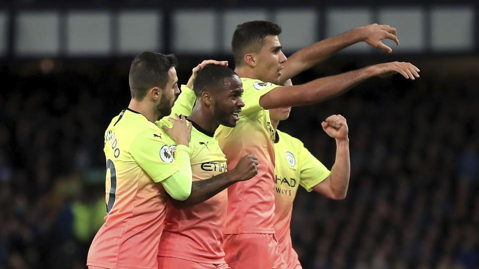 city were under huge pressure to respond in the late kick off at goodison park and took the lead through gabriel jesus midway through the first half photo afp