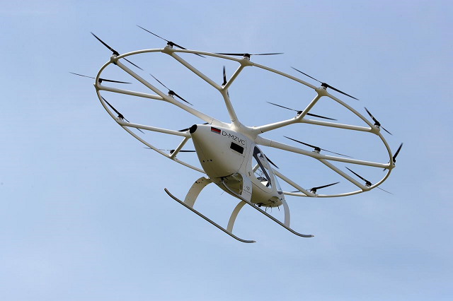 a prototype of an electrical air taxi that takes off and lands vertically evtols made by german startup volocopter flies during a demonstration round at the daimler museum in stuttgart germany september 14 2019 photo reuters