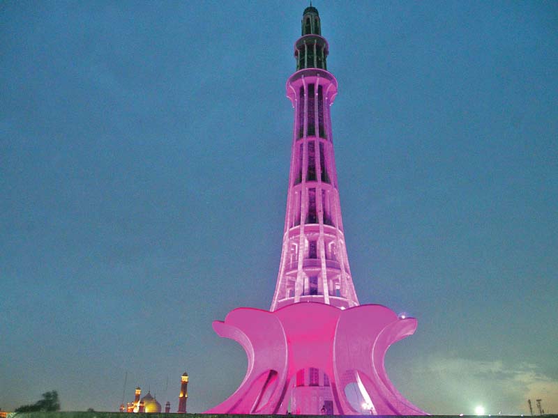 a view of minar e pakistan illuminated for breast cancer awareness month which is celebrated globally in october photo online