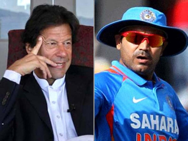 prime minister imran khan left and indian cricketer virender sehwag photo file prime minister imran khan left and indian cricketer virender sehwag photo file