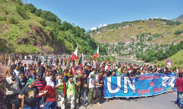 chanting anti indian slogans the protest heads towards chakothi village on saturday photo afp