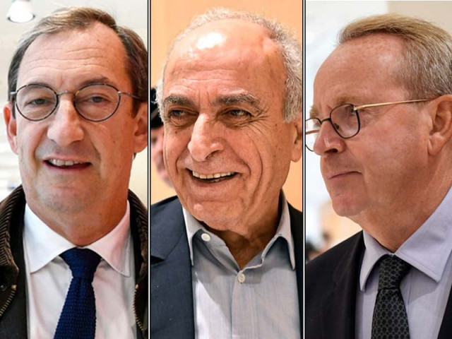 former france 039 s minister of culture renaud donnedieu de vabres franco lebanese businessman ziad takieddine and former prime minister edouard balladur 039 s former cabinet chief and presidential campaign manager nicolas bazire arrive at paris courthouse on october 7 2019 photos by afp