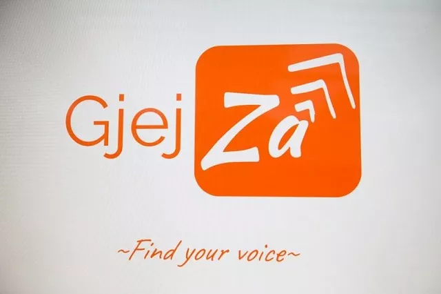 the quot gjejza quot application logo is pictured on a screen during a presentation in tirana albania september 27 2019 photo reuters the quot gjejza quot application logo is pictured on a screen during a presentation in tirana albania september 27 2019 photo reuters