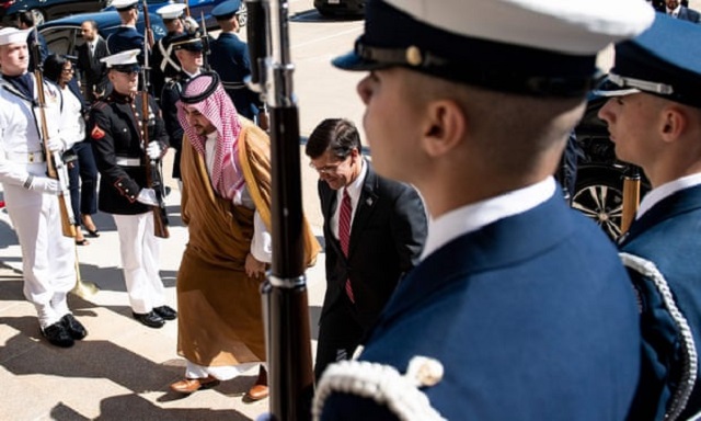 saudi arabia s vice minister of defence prince khalid bin salman and us defense secretary mark esper walk to a meeting at the pentagon in washington on 29 august photo afp